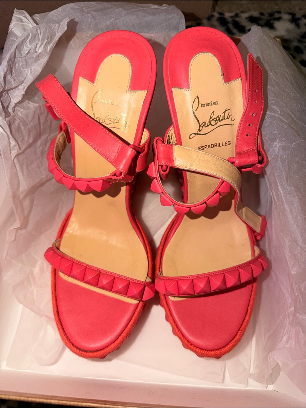 Christian Louboutin Coral Pink Studded Espadrille Sandals